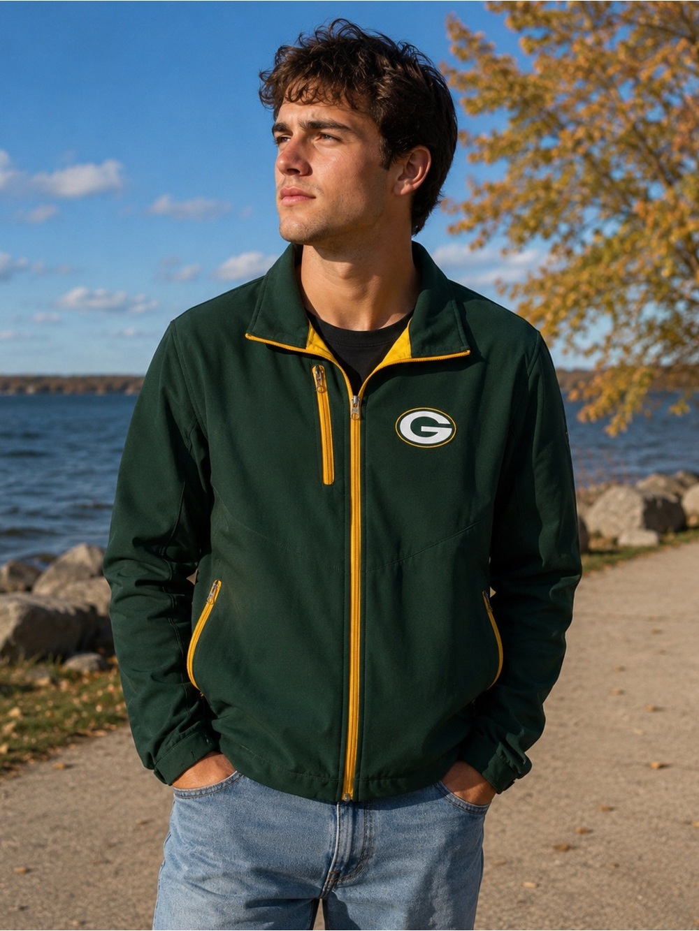 Men’s Green Bay Packers Jacket Fleece Lined Windbreaker NFL Green Coat - Size XL
